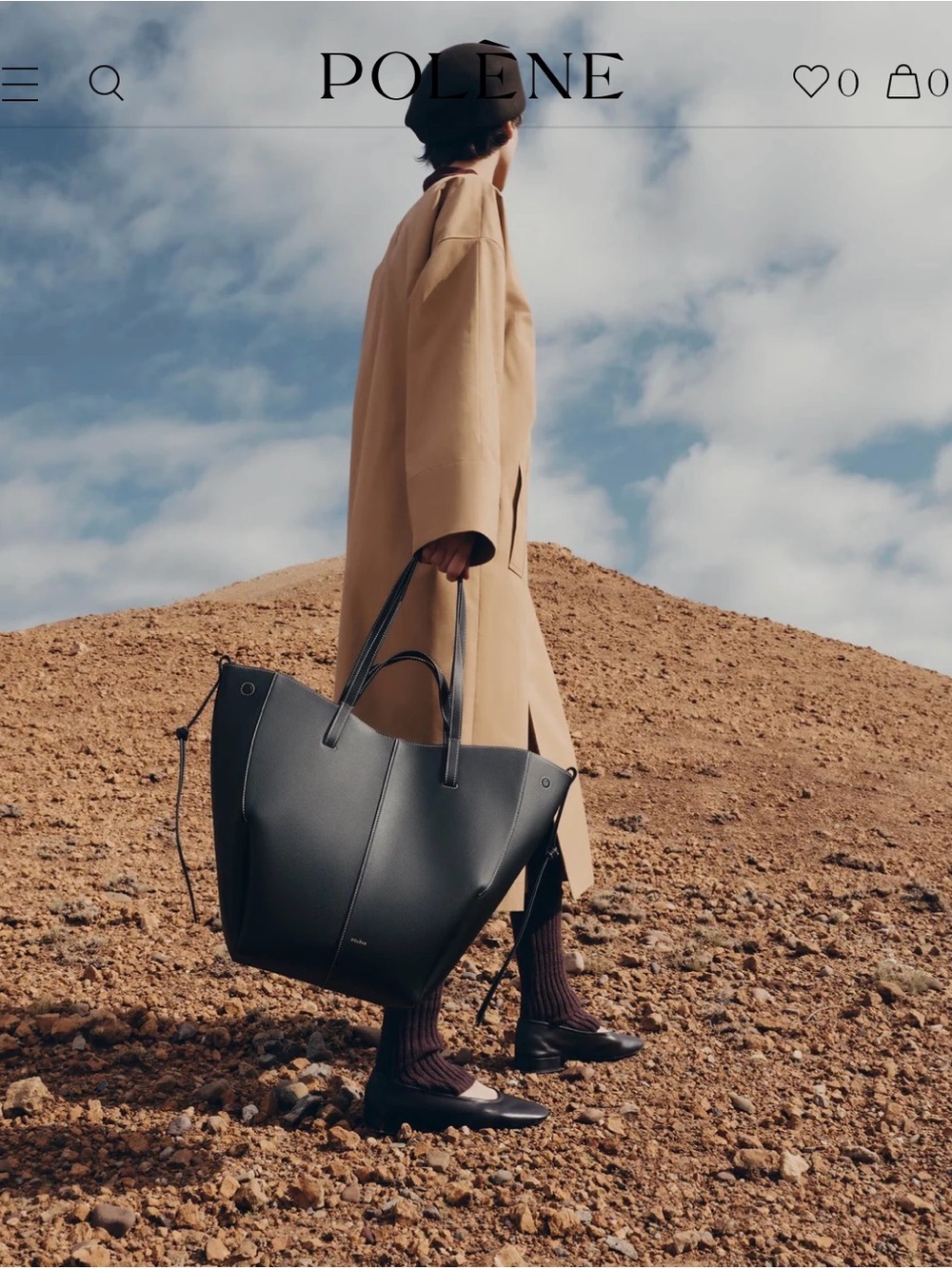 Polène Cyme Black Textured Leather Tote with Side Tie Detail